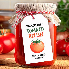 Thuisgemaakte tomatenrelish met rode tomatenontwer cadeaulabel