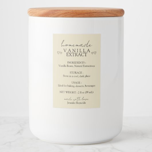 Thuisgemaakte Vanille-extract Instructie beige Voedselcontainer Etiket (Voorkant)