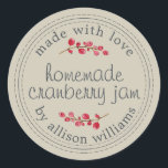 Thuisgemaakte Veenbessenjam Inmaken Kleigrijs Ronde Sticker<br><div class="desc">Rustieke en moderne zelfgemaakte kerst jam inmaken veenbessen jam pot sticker met de tekst gemaakt met liefde, thuisgemaakte veenbessenjam en jouw naam in modern schrift op een kleigrijze achtergrond met een stijlvolle toets van veenbessen. Voeg eenvoudig je naam en de productnaam toe aan het etiket. Exclusief ontworpen voor jou door...</div>