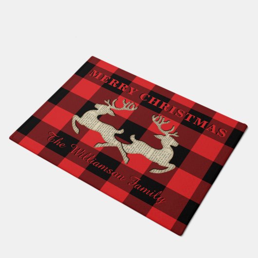 Thuiskerst Deer Antlers Red Black Gingham Deurmat (Schuin)