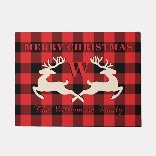 Thuiskerst Deer Antlers Red Black Gingham Deurmat (Voorkant)