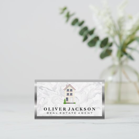 Thuispictogram | Marble Silver Metallic Visitekaartje (Staand voorkant)