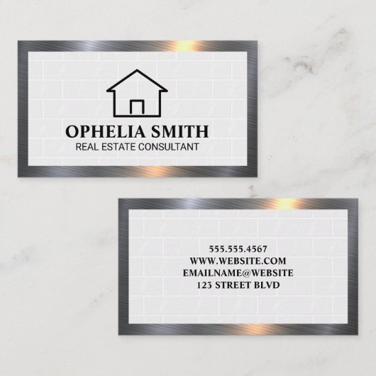 Thuispictogram | Tegels van witte baksteen | Metal Visitekaartje (Voorkant / Achterkant)