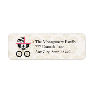 THUISPINK BLACK DAMASK BABY CARRIAGE RETURN ADDRES ETIKET