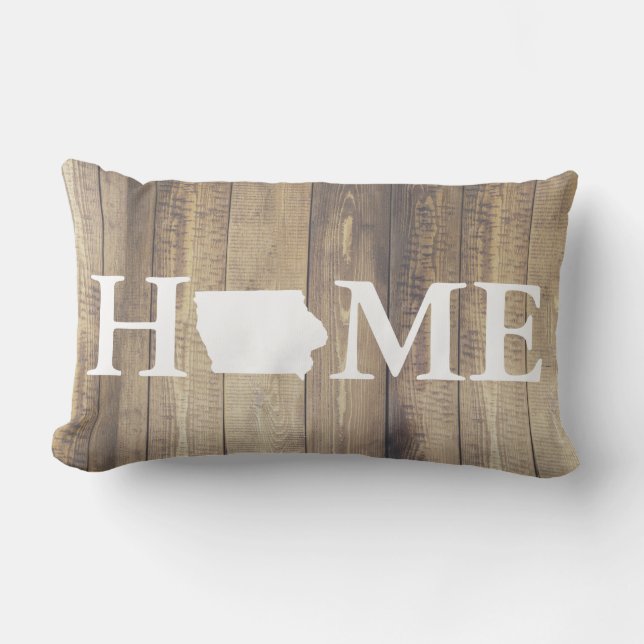 Thuisstaat Iowa Rustic Wood Familienaam Kussen (Voorkant)