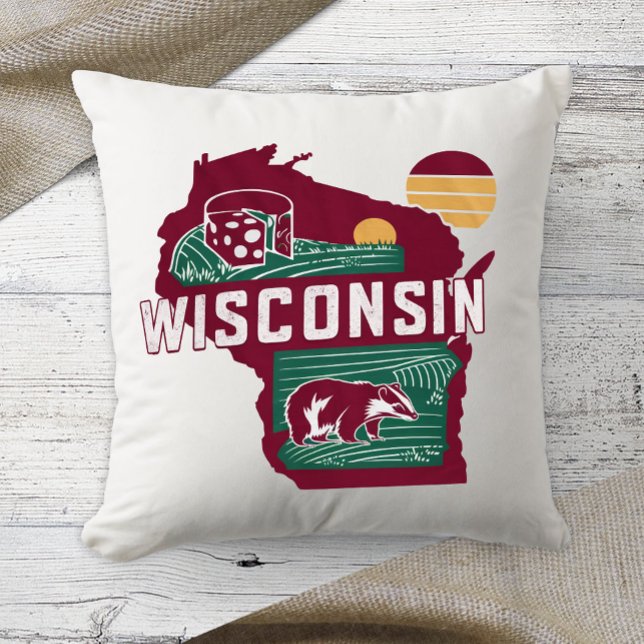 Thuisstaat Wisconsin Retro Kleur Kussen (Creator heeft geüpload)