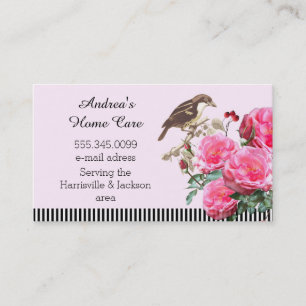 Thuiszorgroze rozen en vogel visitekaartje