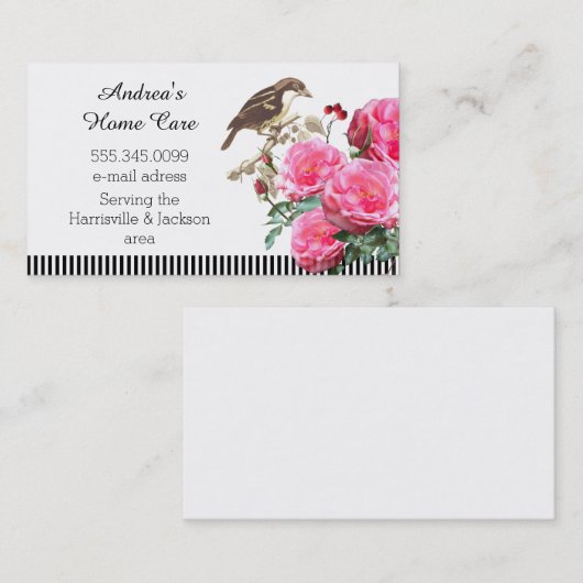 Thuiszorgroze rozen en vogel visitekaartje (Voorkant / Achterkant)