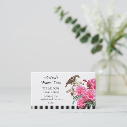 Thuiszorgroze rozen en vogel visitekaartje (Staand voorkant)