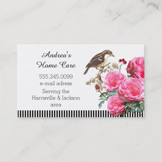 Thuiszorgroze rozen en vogel visitekaartje (Voorkant)