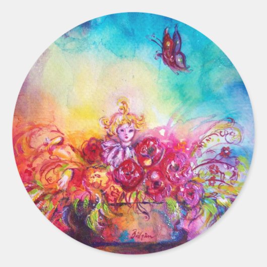 THUMBELINA, FLOWER BASKET EN BUTTERFLES RONDE STICKER (Voorkant)