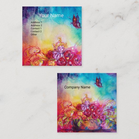 THUMBELINA, FLOWER BASKET EN BUTTERFLES VIERKANTE VISITEKAARTJE (Voorkant / Achterkant)