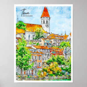 Thun Zwitserland vintage reis waterverf Poster