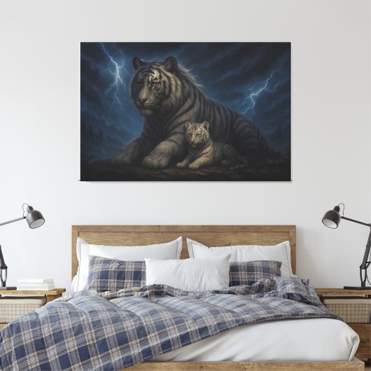 Thunderstorm Guardian White Tiger & Cub – Fantasy Canvas Afdruk (Insitu (Slaapkamer))