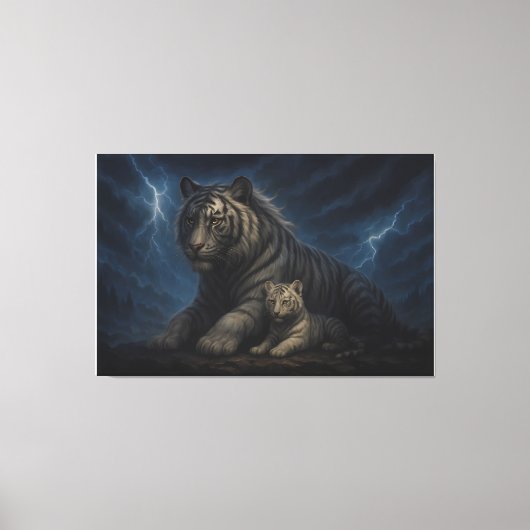 Thunderstorm Guardian White Tiger & Cub – Fantasy Canvas Afdruk (Voorkant)