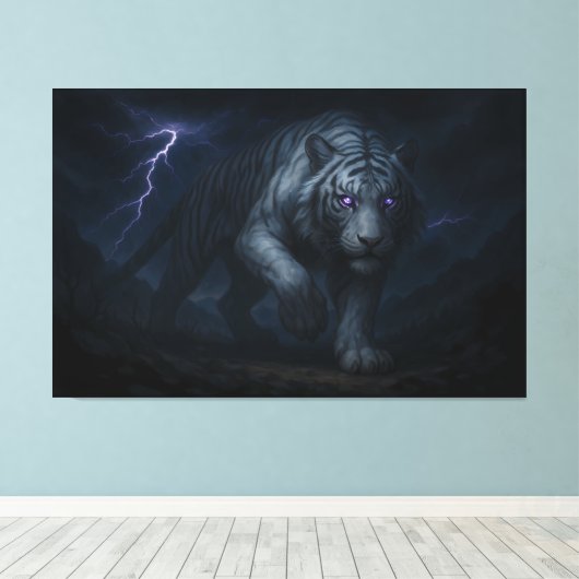 Thunderstorm King White Tiger – Fantasy Art Canvas Afdruk (Insitu (Houten vloer))