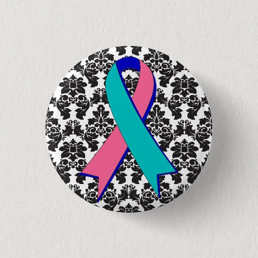 Thyroid Cancer Damask Black Ribbon Ronde Button 3,2 Cm (Voorkant)
