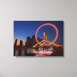 Tianjin Eye wiel 's nachts met Skyline Canvas Art Afdruk