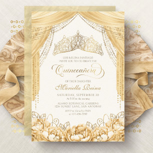 Tiara Bloem Goud Geel Modern Quinceanera Kaart