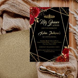 Tiara Bloem Goud Rode Quinceanera Modern Folie Uitnodiging