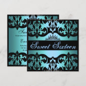 Tiara Blue Sweet16 Damask Verjaardag Uitnodigen Kaart (Voorkant / Achterkant)
