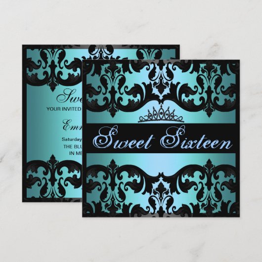 Tiara Blue Sweet16 Damask Verjaardag Uitnodigen Kaart (Voorkant / Achterkant)