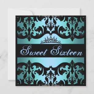 Tiara Blue Sweet16 Damast verjaardagsuitnodiging Kaart