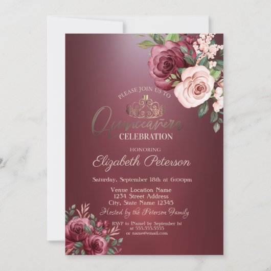 Tiara, Bourgogne Rozen Quinceañera Kaart (Voorkant)