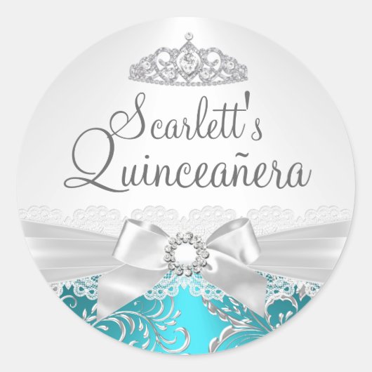  Tiara & Bow Blauwgroen Quinceanera Sticker (Voorkant)