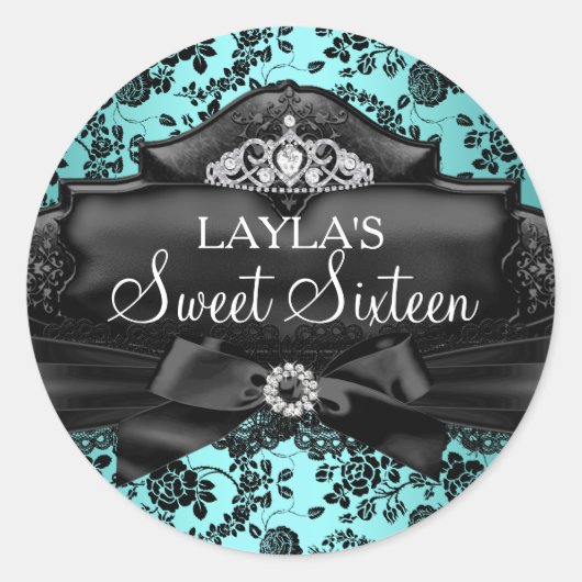  Tiara & Bow Blauwgroen Sweet 16 Sticker (Voorkant)