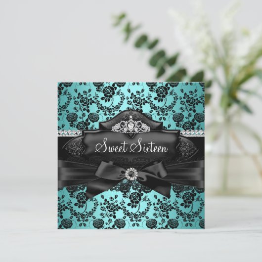  Tiara & Bow Blauwgroen Sweet 16 Uitnodiging (Staand voorkant)