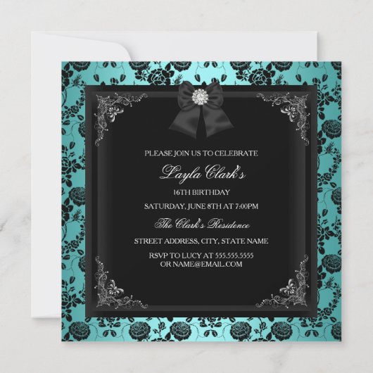  Tiara & Bow Blauwgroen Sweet 16 Uitnodiging (Achterkant)