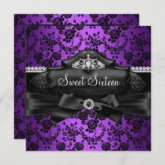  Tiara & Bow Paars Sweet 16 Uitnodiging (Voorkant / Achterkant)