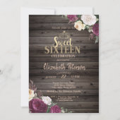 Tiara, Burgundy Flowers Wood Rustic Sweet 16 Party Kaart (Voorkant)