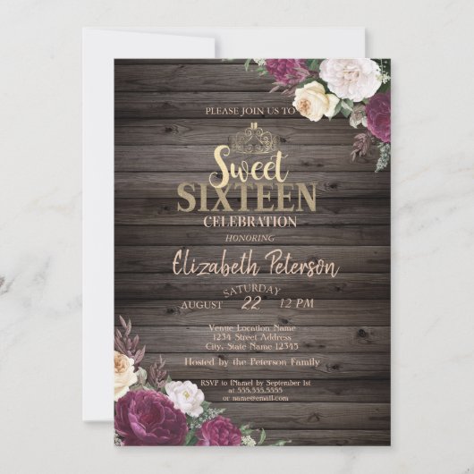 Tiara, Burgundy Flowers Wood Rustic Sweet 16 Party Kaart (Voorkant)