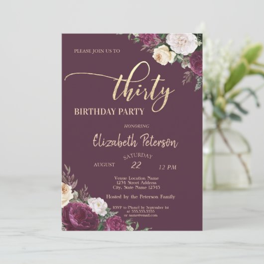 Tiara, Confetti Burgundy Floral 30th Birthday Part Kaart (Staand voorkant)