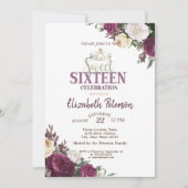 Tiara,Confetti Burgundy Flowers Sweet 16 Party Kaart (Voorkant)
