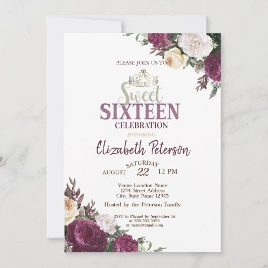 Tiara,Confetti Burgundy Flowers Sweet 16 Party Kaart (Voorkant)