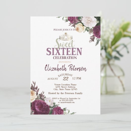 Tiara,Confetti Burgundy Flowers Sweet 16 Party Kaart (Staand voorkant)