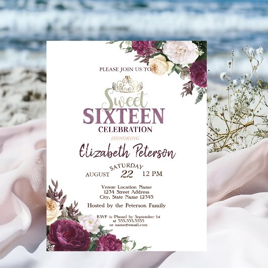 Tiara,Confetti Burgundy Flowers Sweet 16 Party Kaart