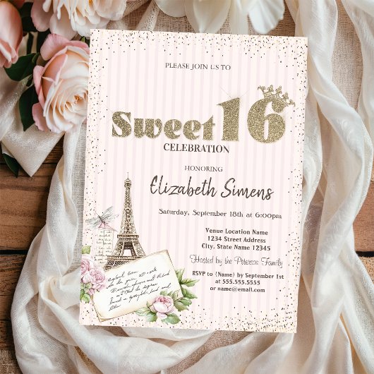 Tiara, Confetti, Eiffeltoren Rozen Gestreepte Swee Kaart