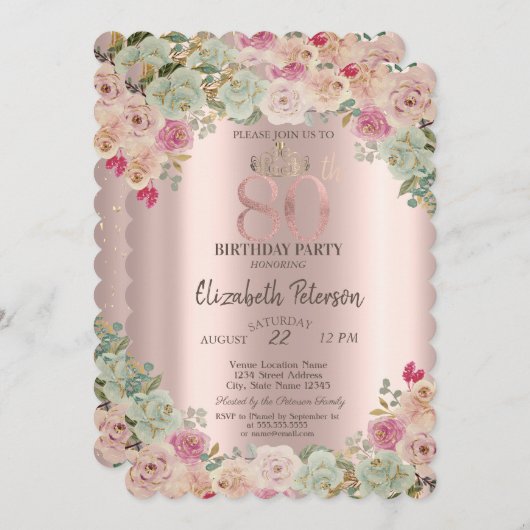 Tiara, Confetti Floral 80th Birthday Kaart (Voorkant / Achterkant)