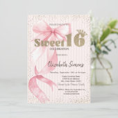 Tiara,Confetti,Roze Strik lint Sweet 16 Kaart (Staand voorkant)