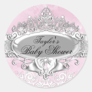 Tiara & Damask Roze Baby Shower Sticker