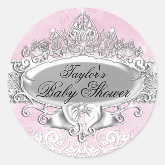 Tiara & Damask Roze Baby Shower Sticker (Voorkant)