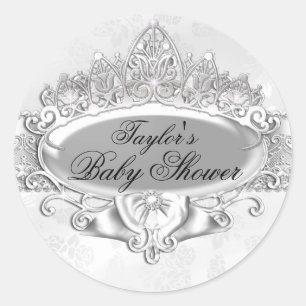 Tiara & Damast Zilver Baby Shower Sticker
