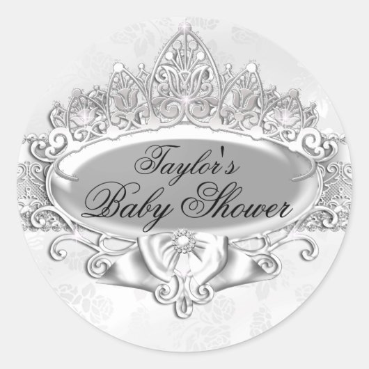 Tiara & Damast Zilver Baby Shower Sticker (Voorkant)