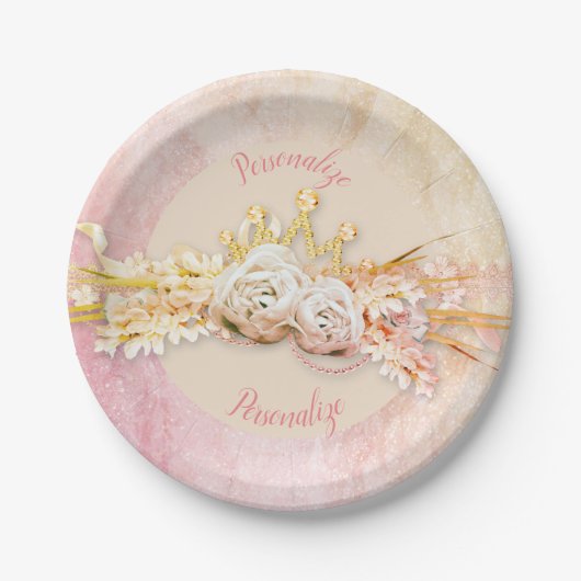 Tiara diamant bloemenboeket roze goud girly schatt papieren bordje (Voorkant)