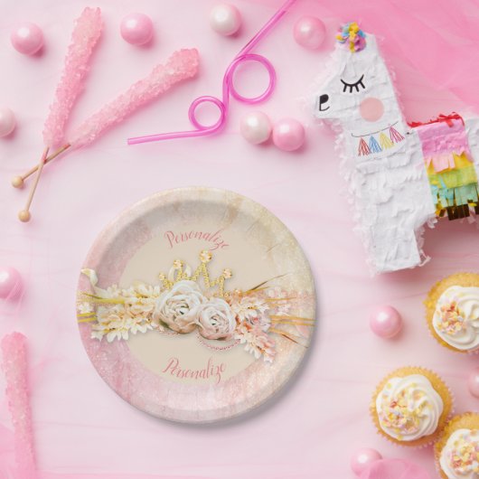 Tiara diamanten bloemenboeket roze goud meisjesach papieren bordje (Feest)