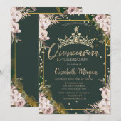 Tiara, Diamanten Boho Bloemen Groene Quinceañera Kaart (Voorkant / Achterkant)